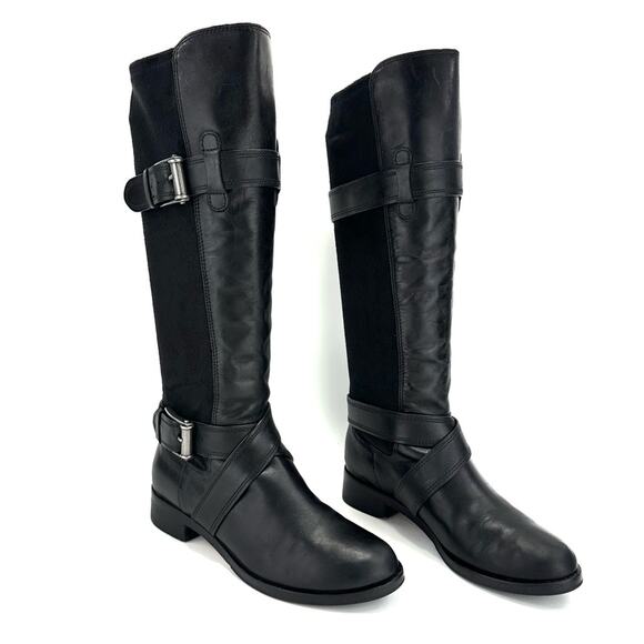 Cole Haan Whitley Black Riding Tall Boot Sz 6.5 Leather & Stretchy Suede Pull-On - Picture 2 of 16